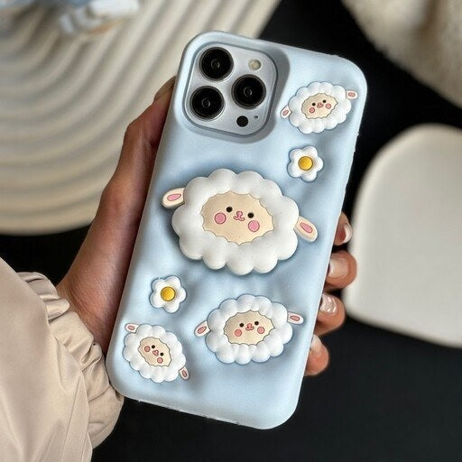3D Cartoon Sheep Flock Case Funda Cotton Candy Cloud Pop Back Case with Holder