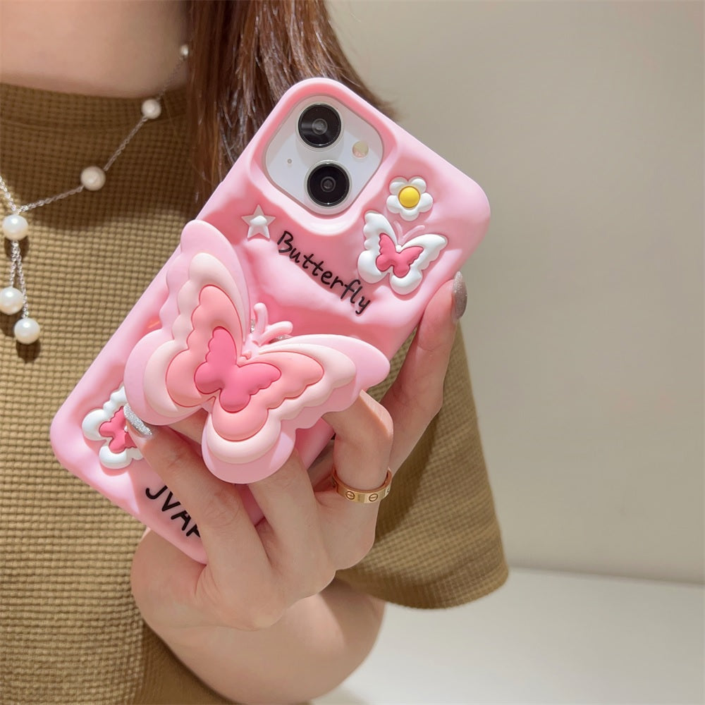 3D Cartoon Butterfly Flower Pop Stand Phone Case with Holder