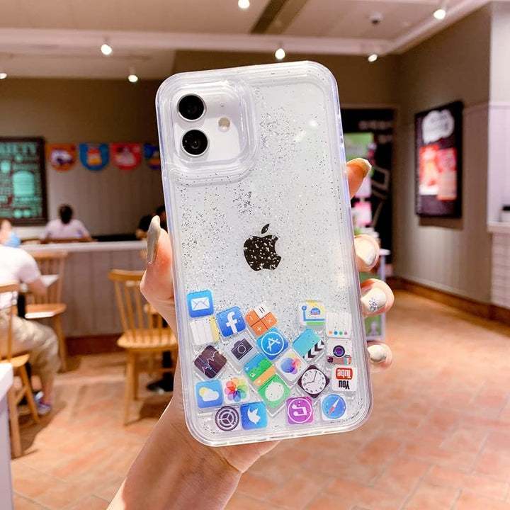 Liquid Glitter Bling Quicksand with iOS Acrylic Icon Sparkle Floating App Case