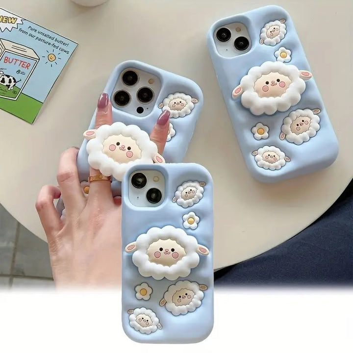 3D Cartoon Sheep Flock Case Funda Cotton Candy Cloud Pop Back Case with Holder