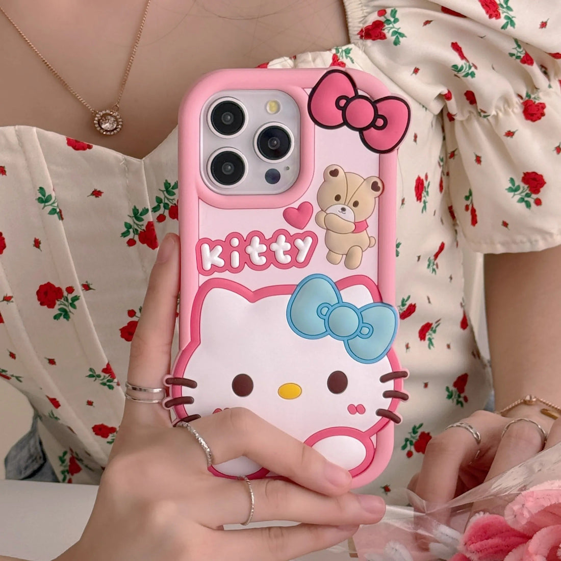 3D Cartoon Hello Kitty Bow Cat Doll Teddy Bear Case