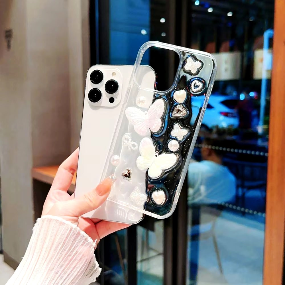 Luxury Translucent Butterfly Diamond Pearl Heart Resin Phone Case