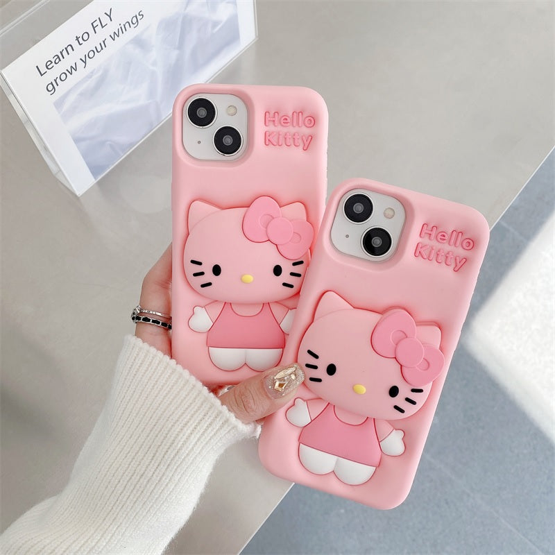 3D Cartoon Hello Kitty Bow Cat Girly Kitty Doll Animal Back Case with Holder