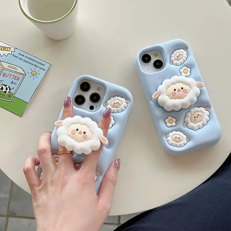 3D Cartoon Sheep Flock Case Funda Cotton Candy Cloud Pop Back Case with Holder