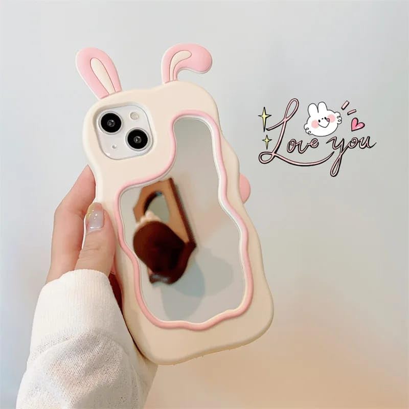 3D Bunny Cartoon Ears Rabbit Wavy Mirror Stereo Kawaii Curvy Makeup Cover
