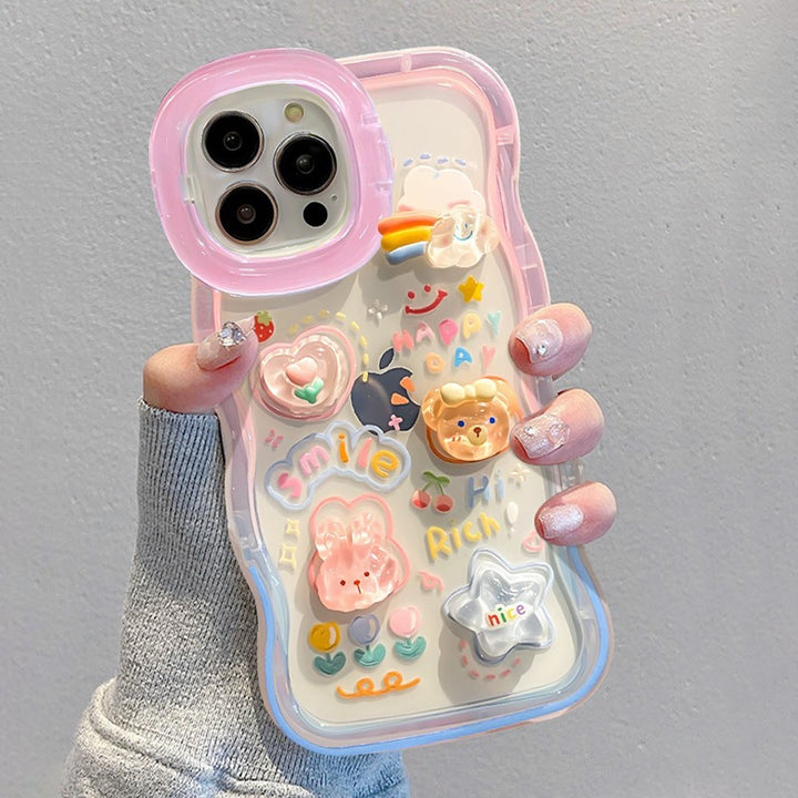 3D Cute Creative Bear Flower Cartoon Rabbit Star Floral Decor Wave Curly Invisible Double Phone Stand Holder
