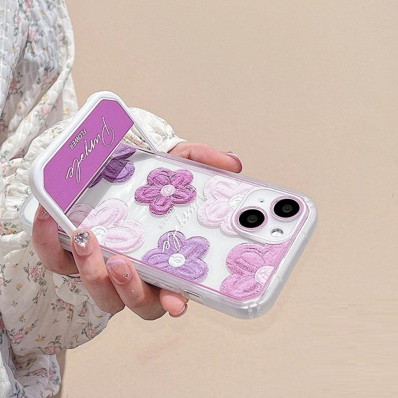 3D Cute Creative Purple Flower Cartoon Oil Painting Floral Decor Wave Curly Edge Invisible Stand Holder Case