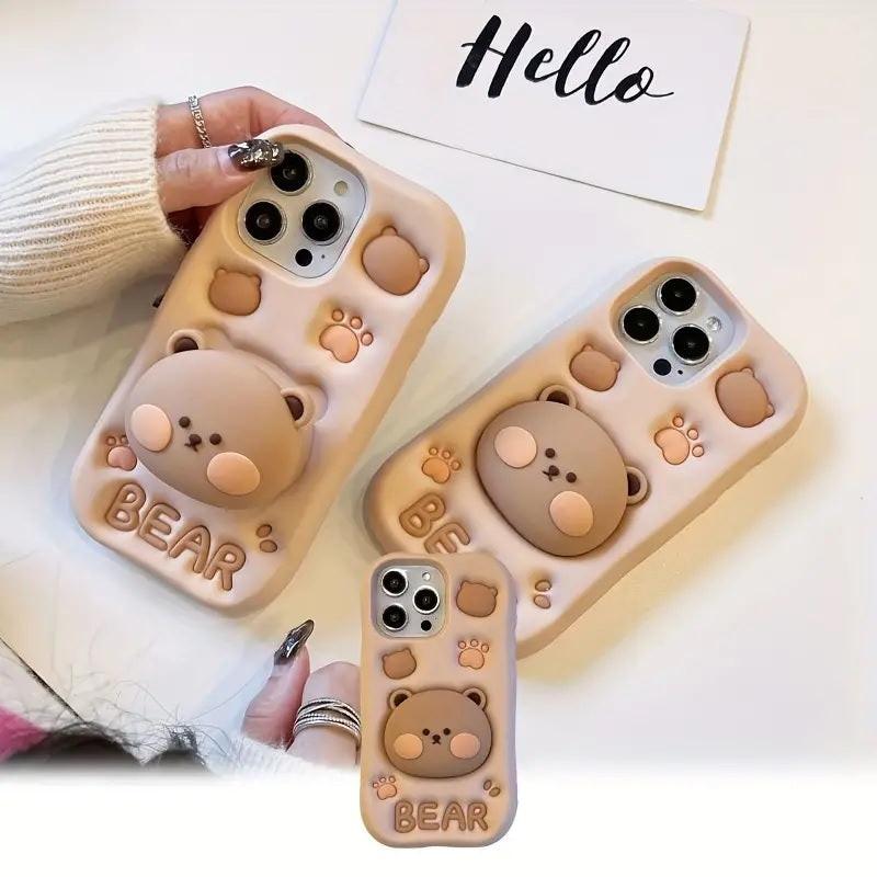 Teddy Bear 3D Cartoon Cute Cotton Bear Love Graphic Animal Back Case with Holder