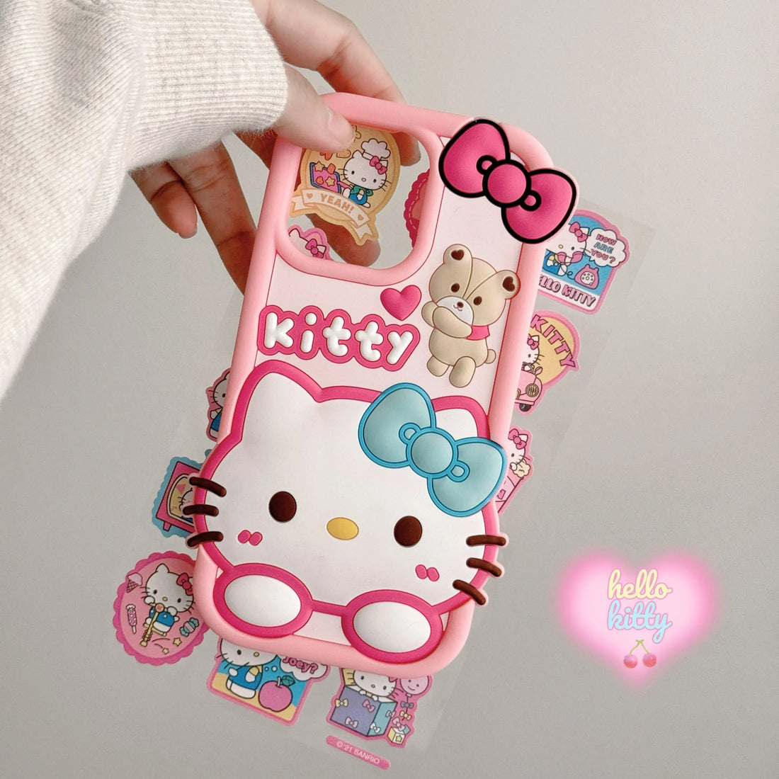 3D Cartoon Hello Kitty Bow Cat Doll Teddy Bear Case