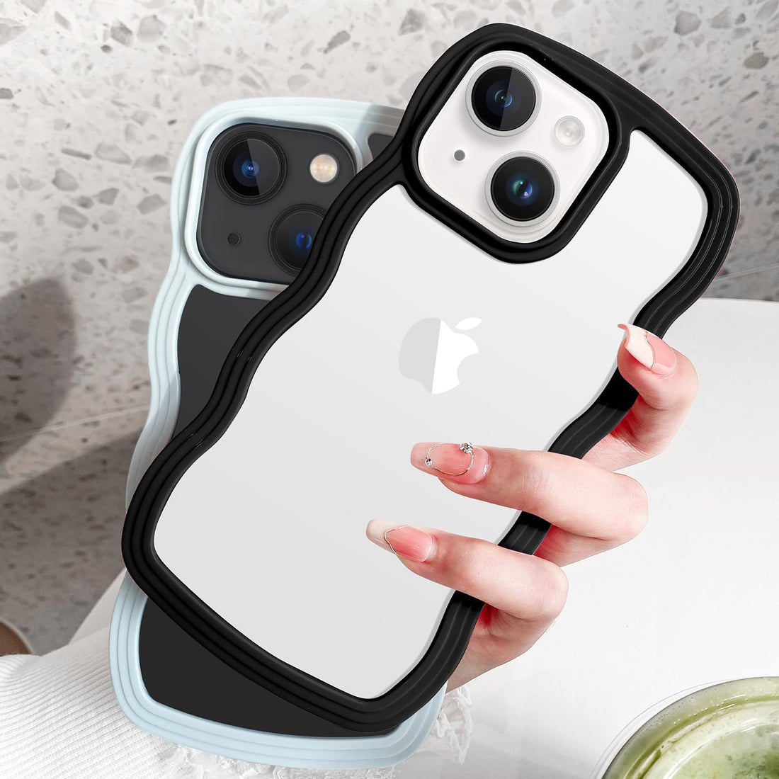 3D Curly Wave TPU Transparent Black Frame Bumper Case