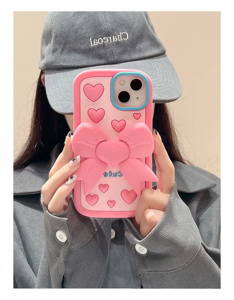 3D Cute Heart Butterfly Case Coquette Bowknot Folding Desktop Kick stand Case