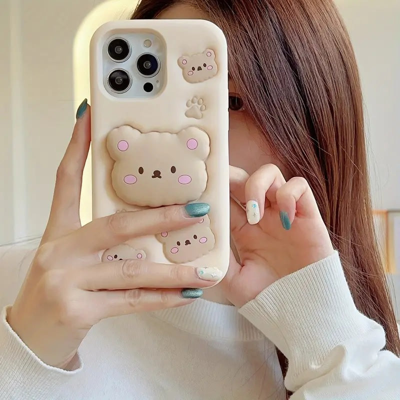 Teddy Bear 3D Cartoon Cute Cotton Candy Back Case with Holder