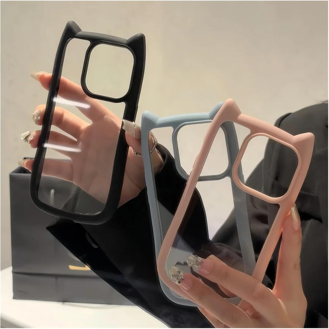 3D Cute CAT Ears Modelling Acrylic PC+TPU Silicone Clear shockproof bumper Phone Case