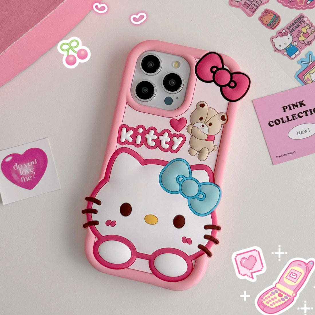 3D Cartoon Hello Kitty Bow Cat Doll Teddy Bear Case