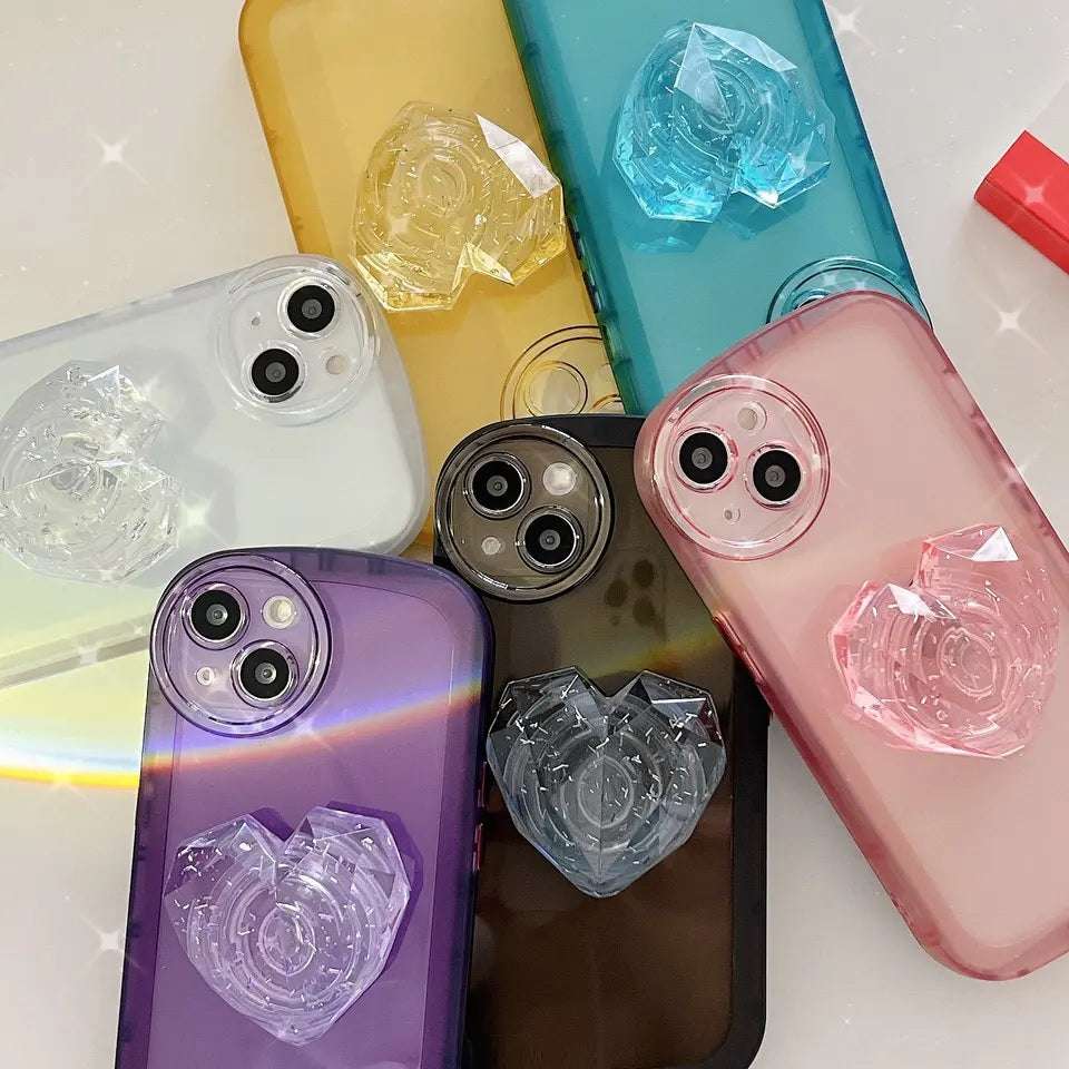 Crystal Love Resin Heart Pop Stone Holder with Transparent Camera Protection