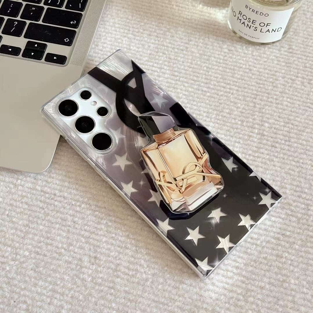 Trendy Fashion Brand Black luxurious Gradient Feather Phone Case with Pop Holder