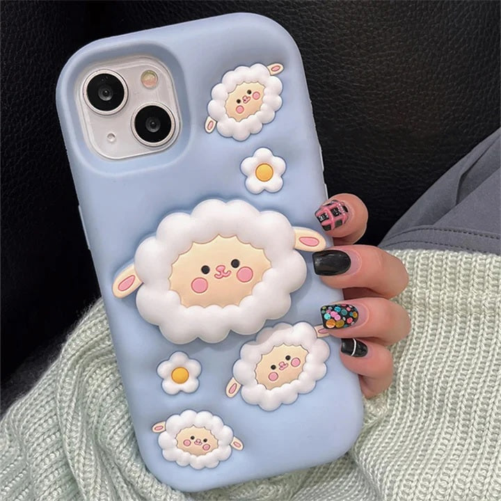 3D Cartoon Sheep Flock Case Funda Cotton Candy Cloud Pop Back Case with Holder