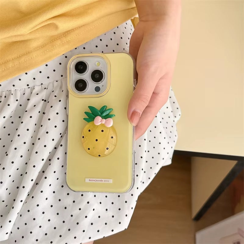 3D Yellow Pineapple Aesthetic Clay Art Soft Silicone with Pink Bow Accent for Girls & Women (Soft Sunshine & Tropical Gold)
