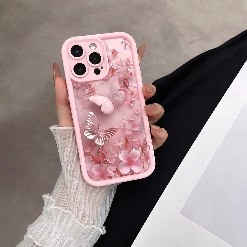 3D Pastel Butterfly Floral Blossom Art Flower Cute Design Back Case Cover - Baby Pink