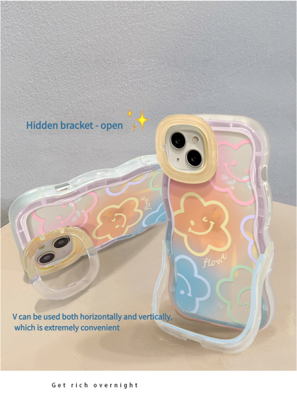 3D Cute Smiley Flower Cartoon Happy Smile Emoji Face Wave Curly Invisible Double Phone Stand Holder