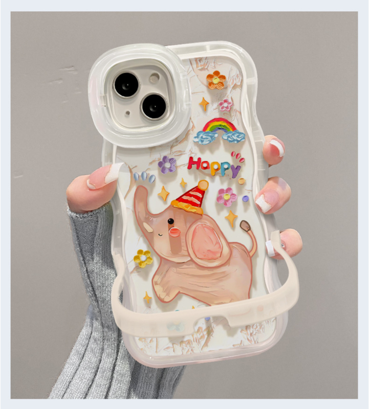 3D Cute Baby Elephant Dancing Cartoon Rainbow Star Floral Wave Curly Invisible Double Phone Stand Holder