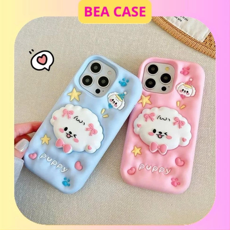 3D Puppy Knot Cartoon Dog Love Pastel Blue Phone Holder Kawaii Case