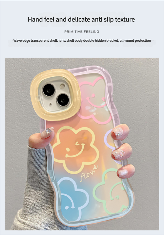 3D Cute Smiley Flower Cartoon Happy Smile Emoji Face Wave Curly Invisible Double Phone Stand Holder