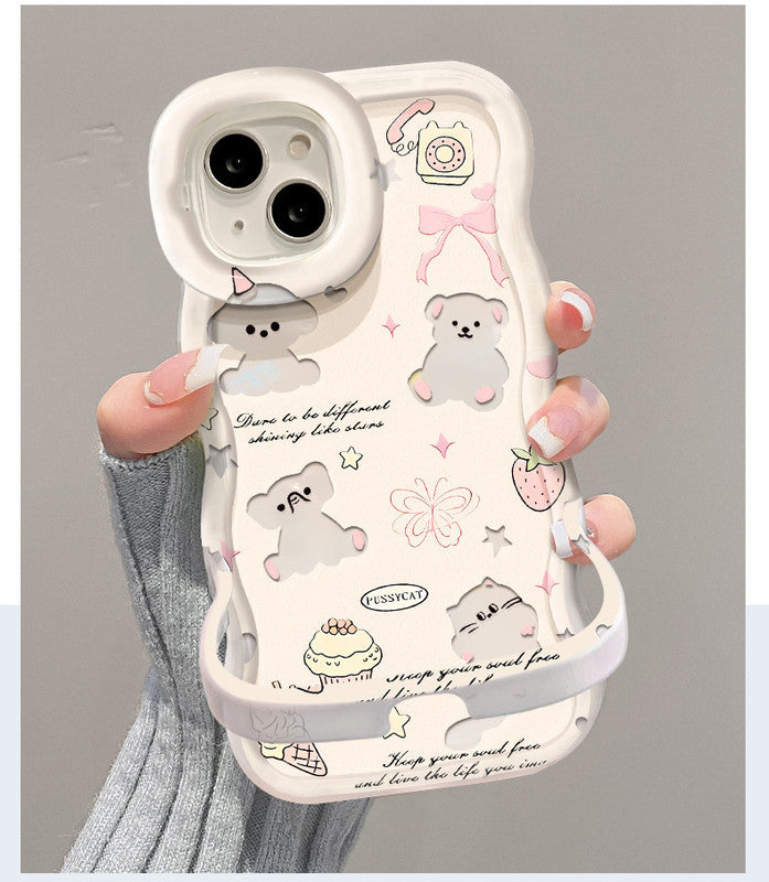 3D Cute Koala Bear Cartoon Teddy Candy Floral Decor Wave Curly Invisible Double Phone Stand Holder
