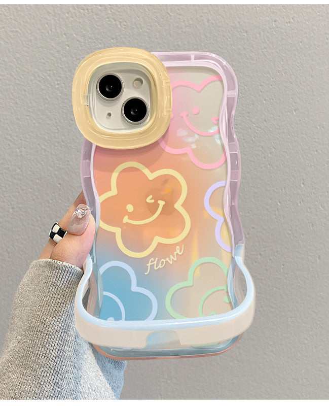 3D Cute Smiley Flower Cartoon Happy Smile Emoji Face Wave Curly Invisible Double Phone Stand Holder