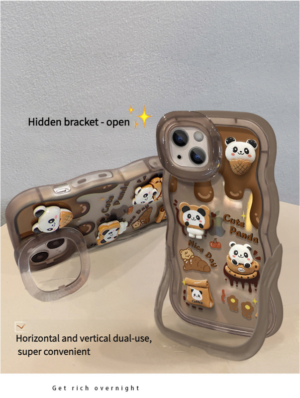 3D Cute Bear Panda Cartoon Chocolate Coffee Wave Curly Invisible Double Phone Stand Holder