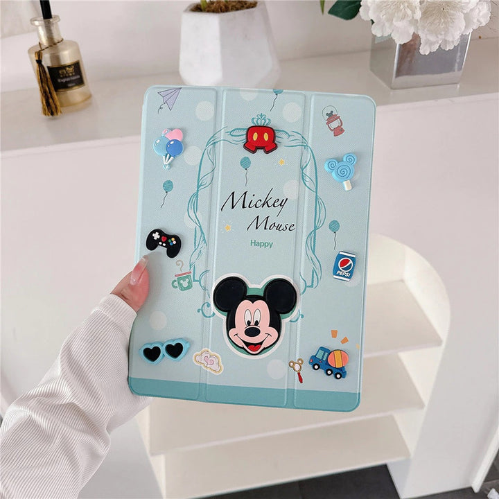 3D Cute Cartoon Mickey Happy Mouse PU Leather Tablet iPad Flip Case,Gaming Auto Wake/Sleep Colorful Floral Stand with Pencil Holder Cover