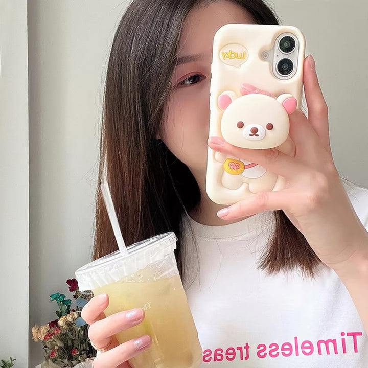 3D Rilakkuma Bear Cartoon Lucky Teddy Bear Love Pastel Cream with Pop Phone Holder