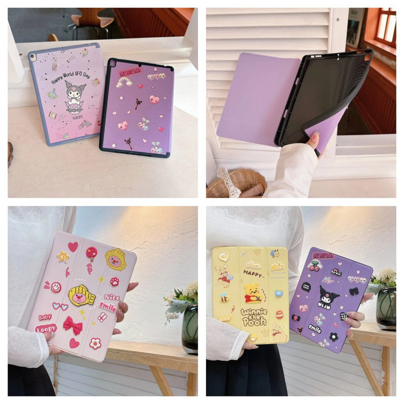 3D Cute Cartoon Kuromi Smile PU Leather Tablet iPad Flip Case,Love Auto Wake/Sleep Colorful Floral Stand with Pencil Holder Cover