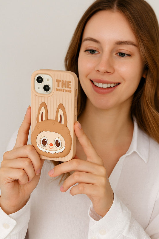 3D The Monster Labubu Mirror Cartoon Phone Holder Stand Makeup Cream Case