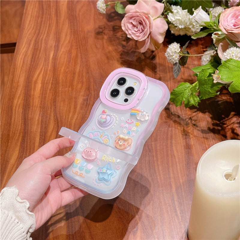 3D Cute Creative Bear Flower Cartoon Rabbit Star Floral Decor Wave Curly Invisible Double Phone Stand Holder