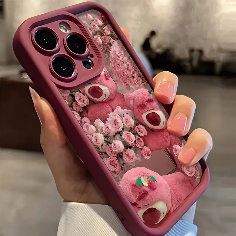 Hot 3D Rose Bear Strawberry Teddy Flower Aesthetic Pattern Case - Pink