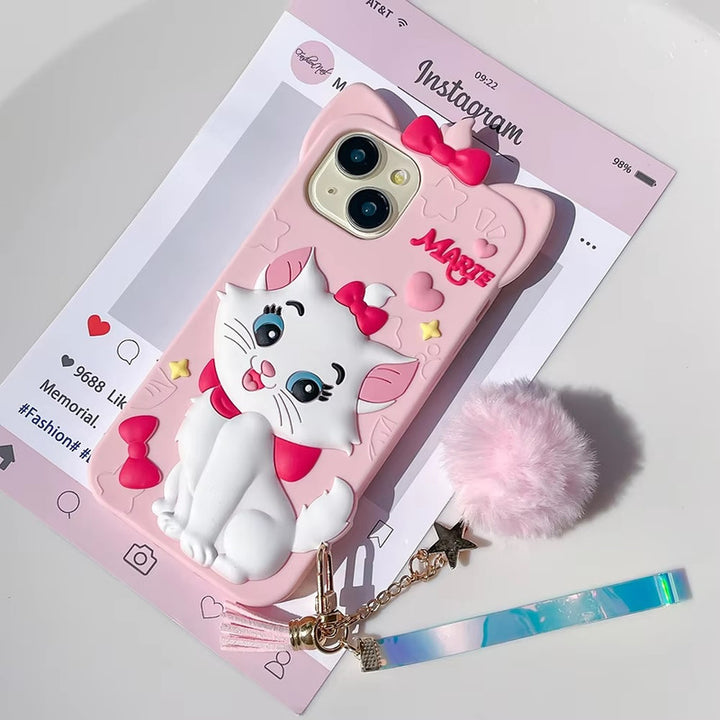 3D Marie Kitty Bow Cartoon Wrist Holder with Charm Hair Ball Furr Pendant Adorable Cat Kawaii Case
