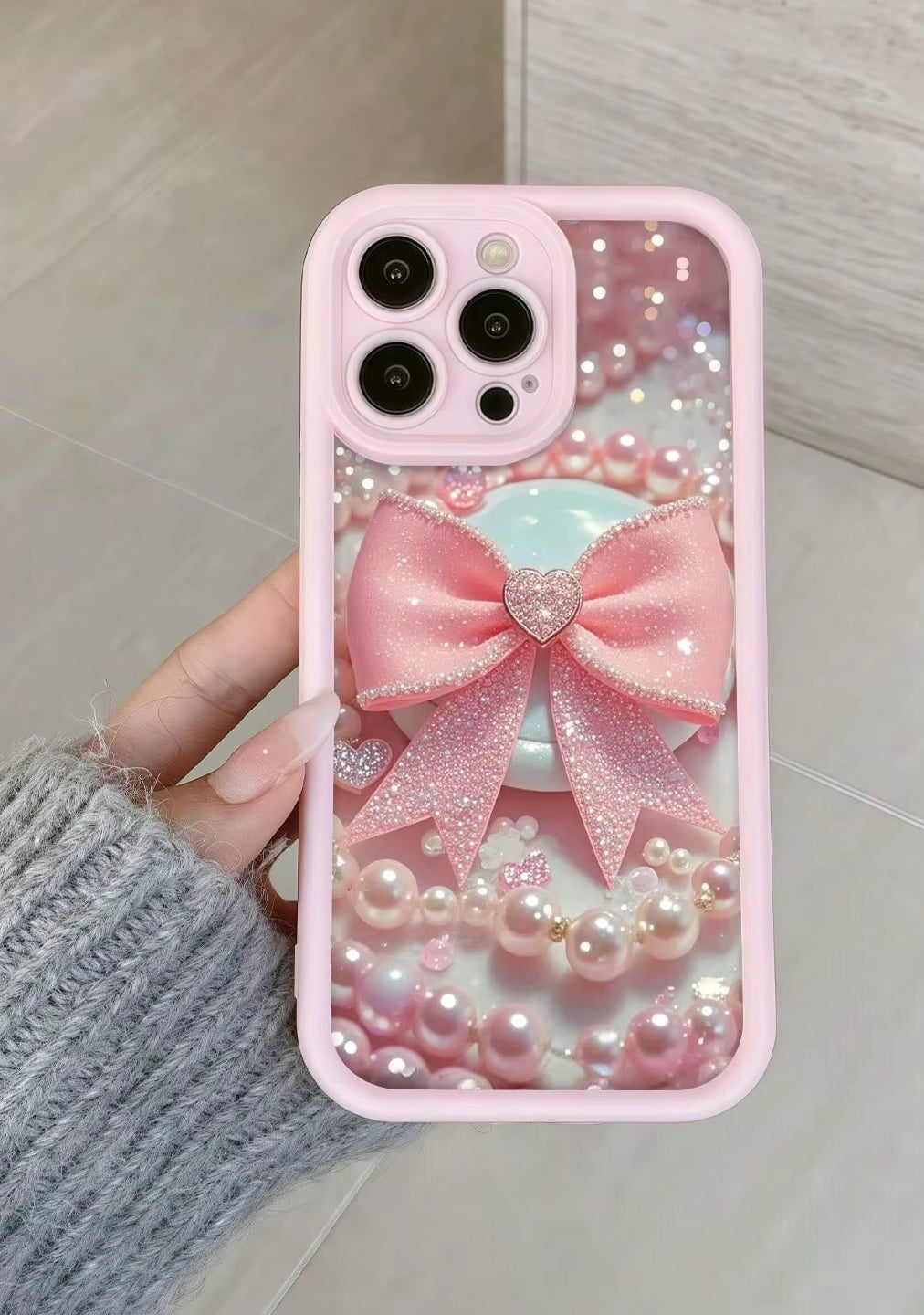 3D Hot Necklace BowKnot Pastel Pink Ribbon Bow Pearl Cute Design Silicone Aesthetic Print Case