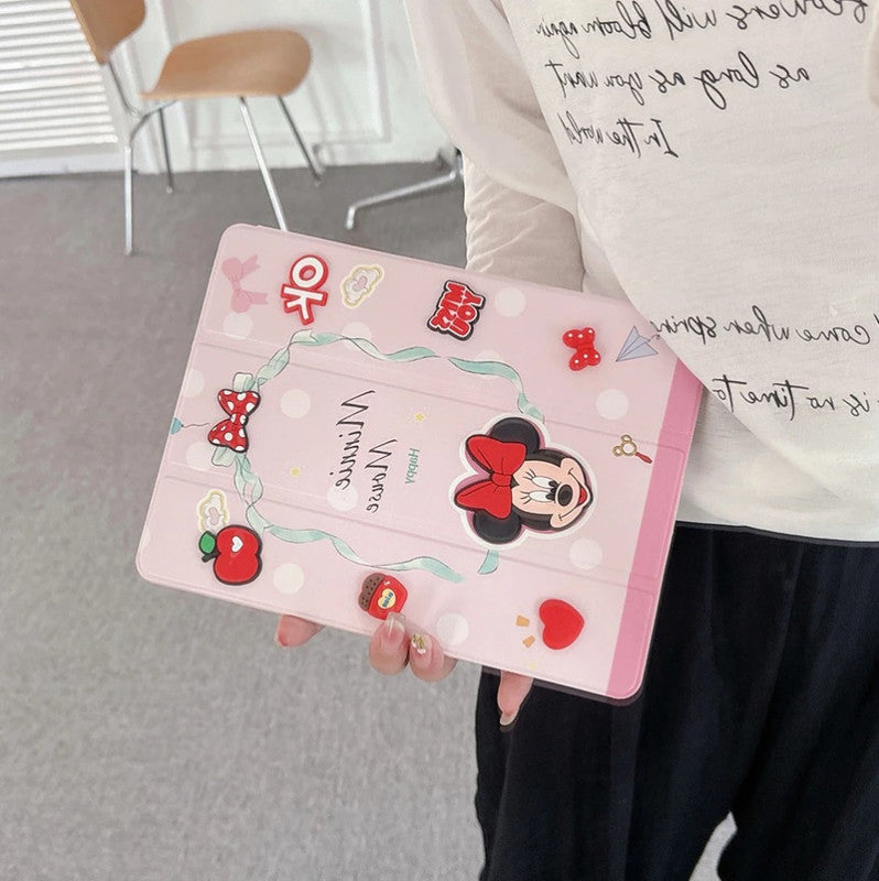 3D Cute Cartoon Minnie Happy Mouse PU Leather Tablet iPad Flip Case,Bow Auto Wake/Sleep Colorful Floral Stand with Pencil Holder Cover