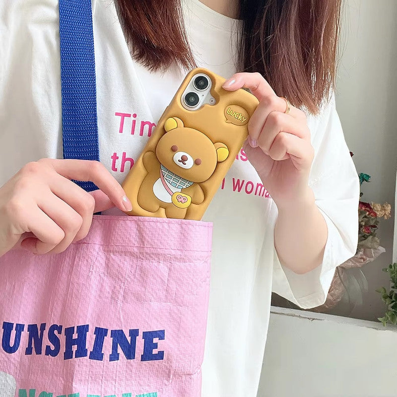 3D Rilakkuma Bear Cartoon Lucky Teddy Bear Love Pastel Brown with Pop Phone Holder