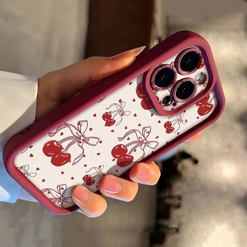 3D Ribbon Hot Red Cherry Pattern Bow Cute Design Fashion Aesthetic Case
