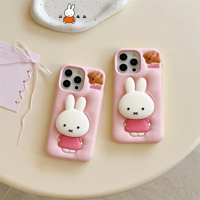 3D Miffies Bunny Cute Cartoon Kawaii Adorable Miffy Rabbit Pink Floral Pop Case with Holder
