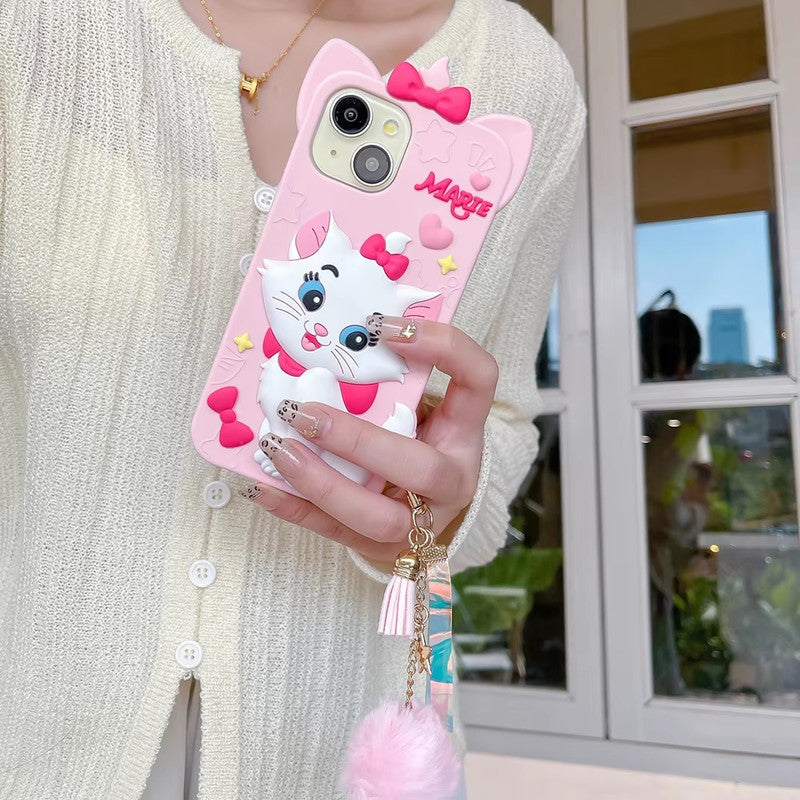 3D Marie Kitty Bow Cartoon Wrist Holder with Charm Hair Ball Furr Pendant Adorable Cat Kawaii Case