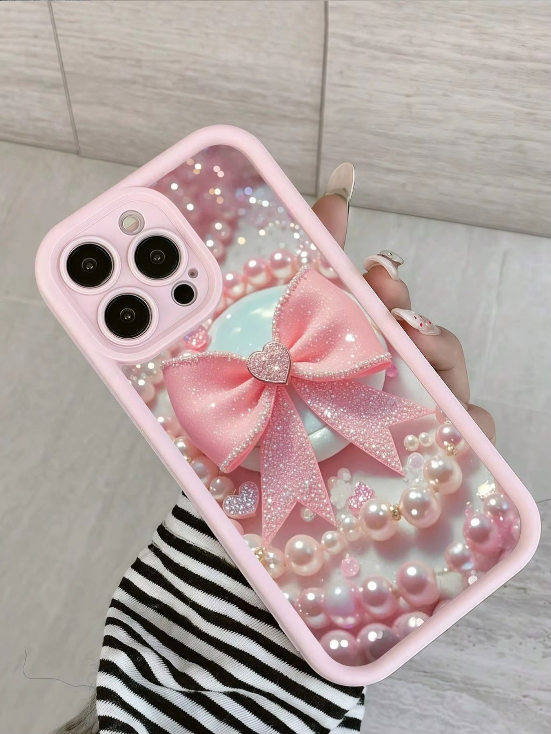 3D Hot Necklace BowKnot Pastel Pink Ribbon Bow Pearl Cute Design Silicone Aesthetic Print Case