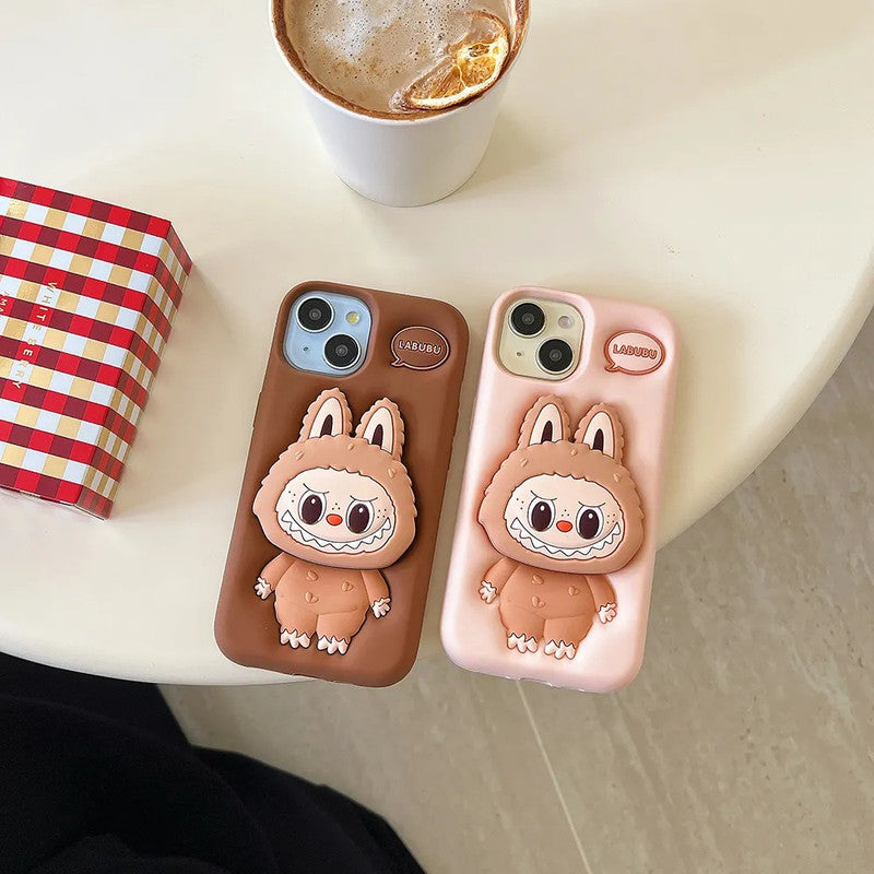 3D Labubu Cartoon Cute Plush Love Cream Brown Phone Holder Plush Pop Aesthetic Case