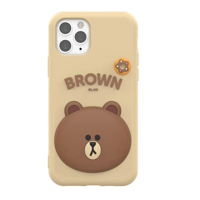 3D Cartoon Line Friends Teddy Cute Soft Silicone Grip Pop with Holder Brown Case