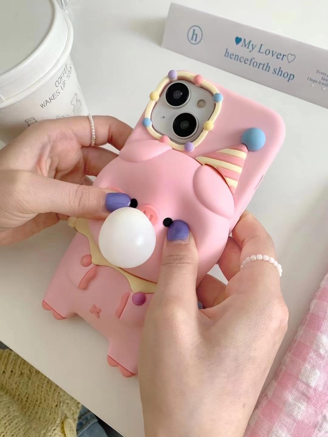 3D Pig Blowing Bubble Gum Squishy Toy Piglet Pink Cartoon Play Case