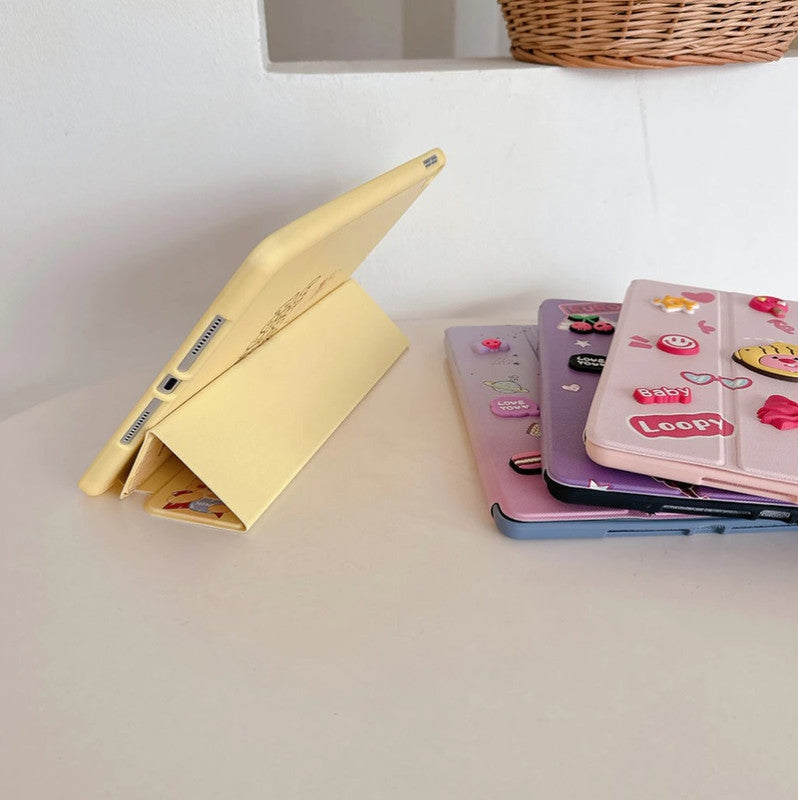 3D Cute Cartoon Doodle Loopy Pig Leather Tablet iPad Flip Case,Candy Smile Auto Wake/Sleep Colorful Floral Stand with Pencil Holder Cover