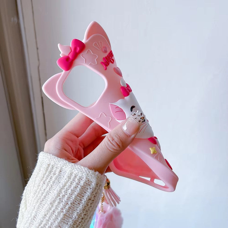 3D Marie Kitty Bow Cartoon Wrist Holder with Charm Hair Ball Furr Pendant Adorable Cat Kawaii Case