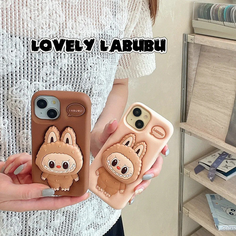3D Labubu Cartoon Cute Plush Love Cream Brown Phone Holder Plush Pop Aesthetic Case